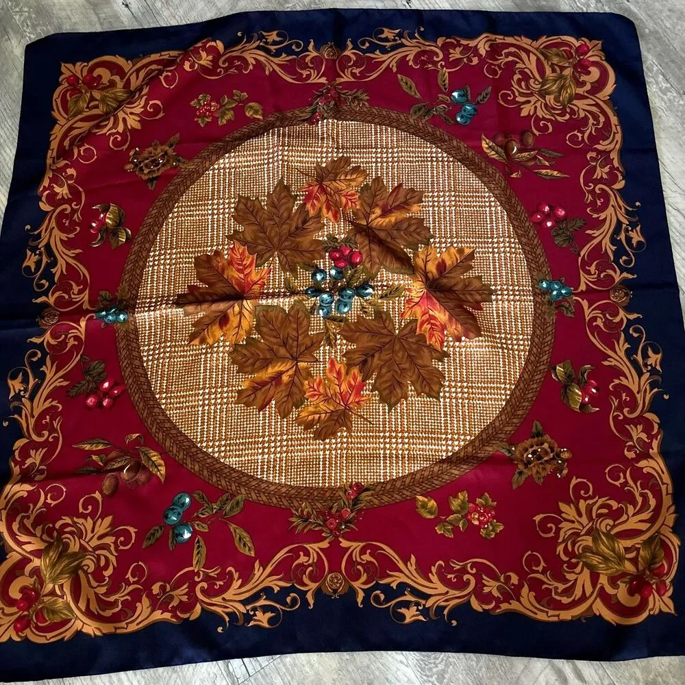 Vintage Fall Silk Scarf 34x34 Burgundy Navy Gold Leaf Plaid Square Women's #22